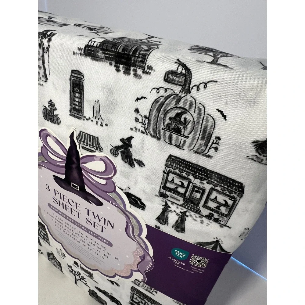 Halloween Witch Ghost Pumpkin Toile 3 Piece Twin Sheet Set Black White Brushed
